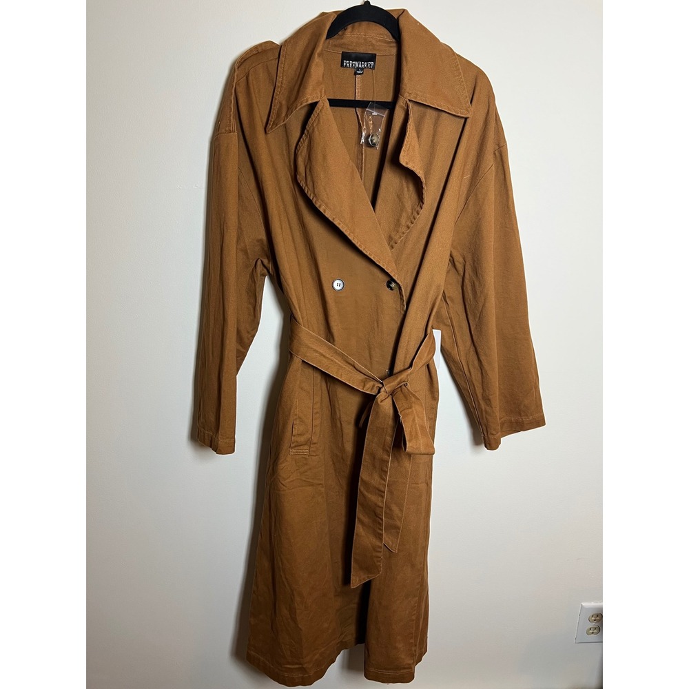 Freemarket Brown Cotton Double Breasted Belted Fall Trench Coat Large FJ1002 NWT